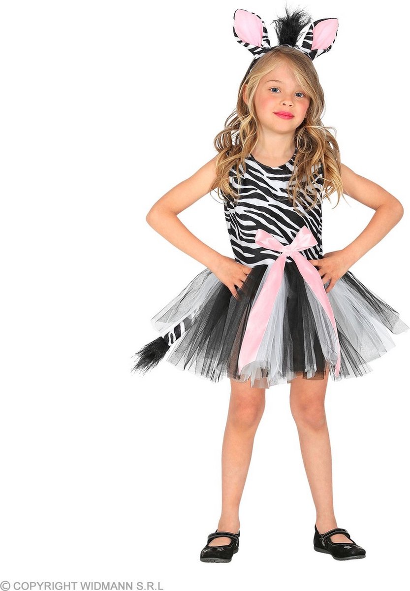 Zebra Kostuum | Huppelende Unieke Zebra Xena | Meisje | Maat 110 | Carnaval kostuum | Verkleedkleding